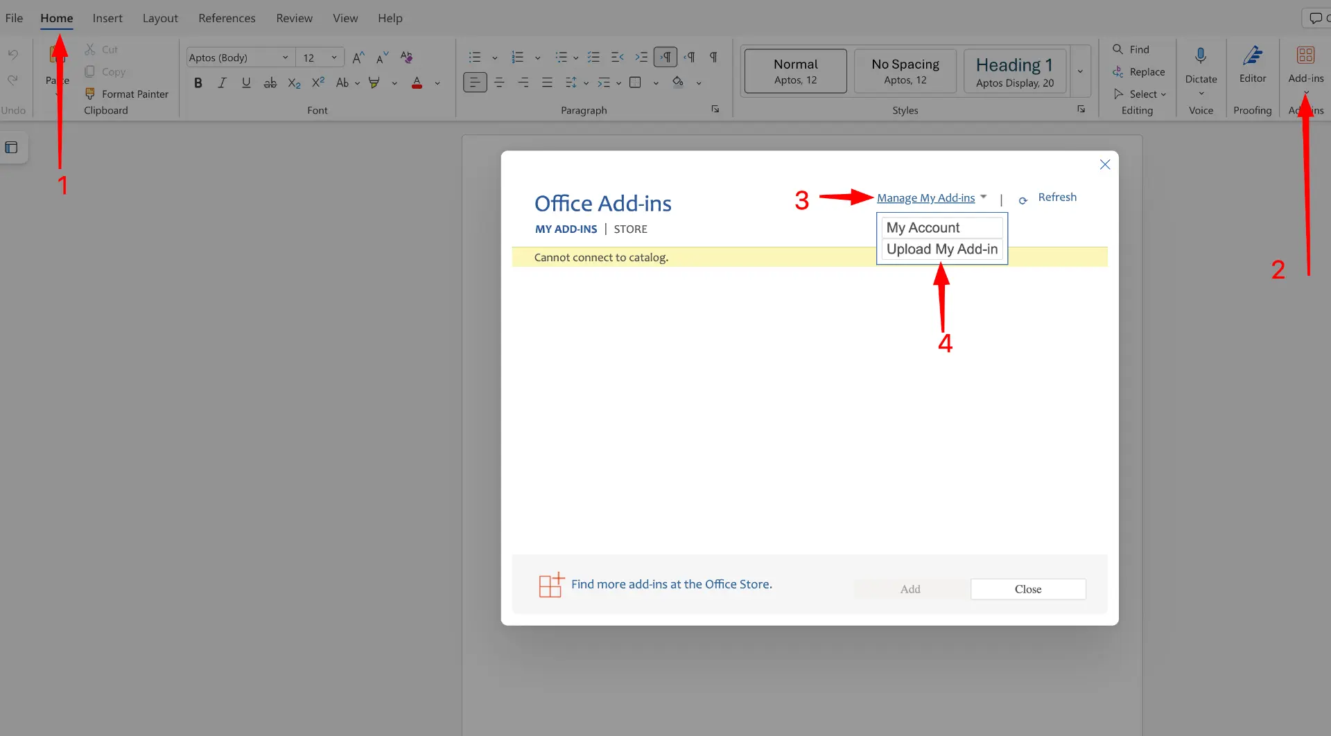 Word Online menu path: Home, Add-ins, Manage My Add-ins, Upload My Add-in